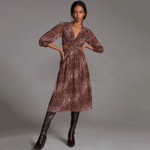 NWT Anthropologie Ranna Gill Leopard Print Cutout Midi Dress - Picture 1 of 7